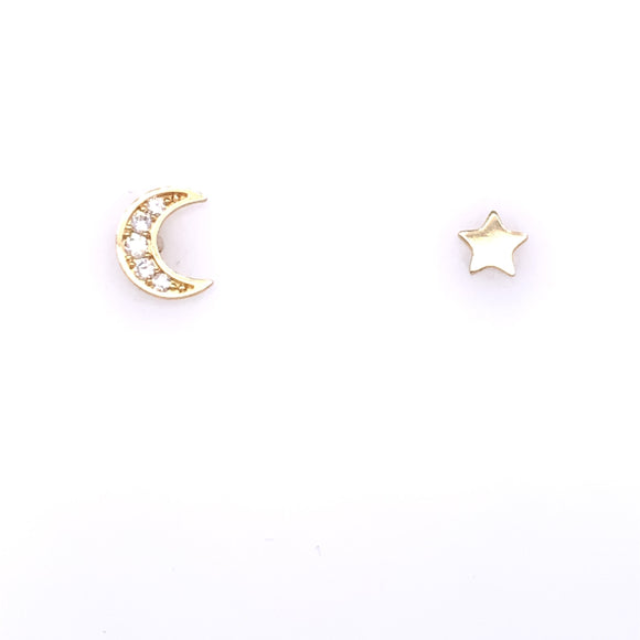 9ct Gold CZ Moon & Star Stud Earrings