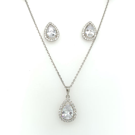 Sterling Silver CZ Teardrop Halo Pendant & Earring Set