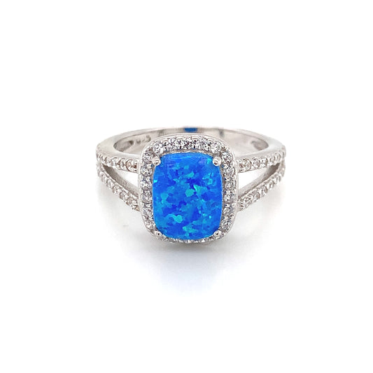 Sterling Silver Blue Opal CZ Cushion Halo Ring GL1187