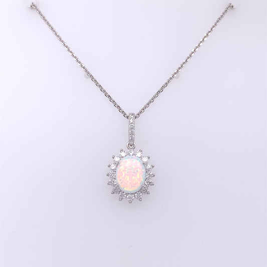 Sterling Silver Opal CZ Oval Cluster Pendant GL1319