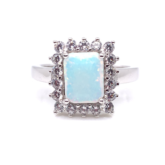 Sterling Silver Opal CZ Rectangular Cluster Ring GL1329