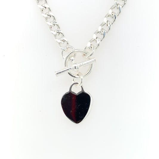 Sterling Silver Curb T-Bar Necklet with Engravable Heart GL1482