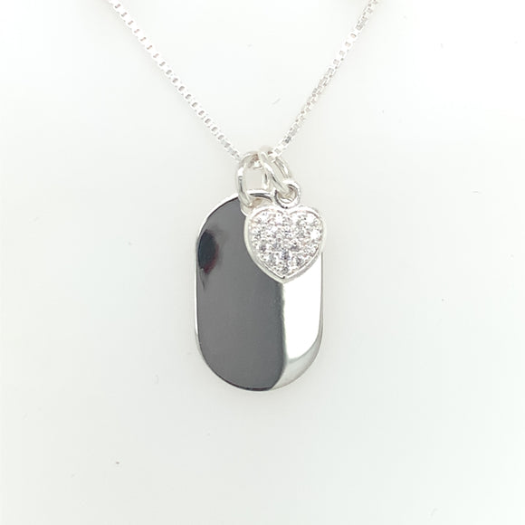 Sterling Silver Engravable Oval Tag with CZ Heart Necklace