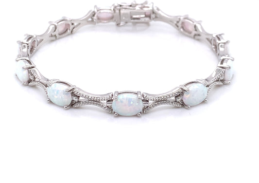 Sterling Silver Oval Opal Rope Link Bracelet GL695