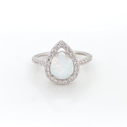 Sterling Silver Opal CZ Teardrop Halo Ring