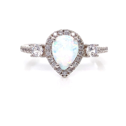 Sterling Silver Opal CZ Teardrop Halo Ring