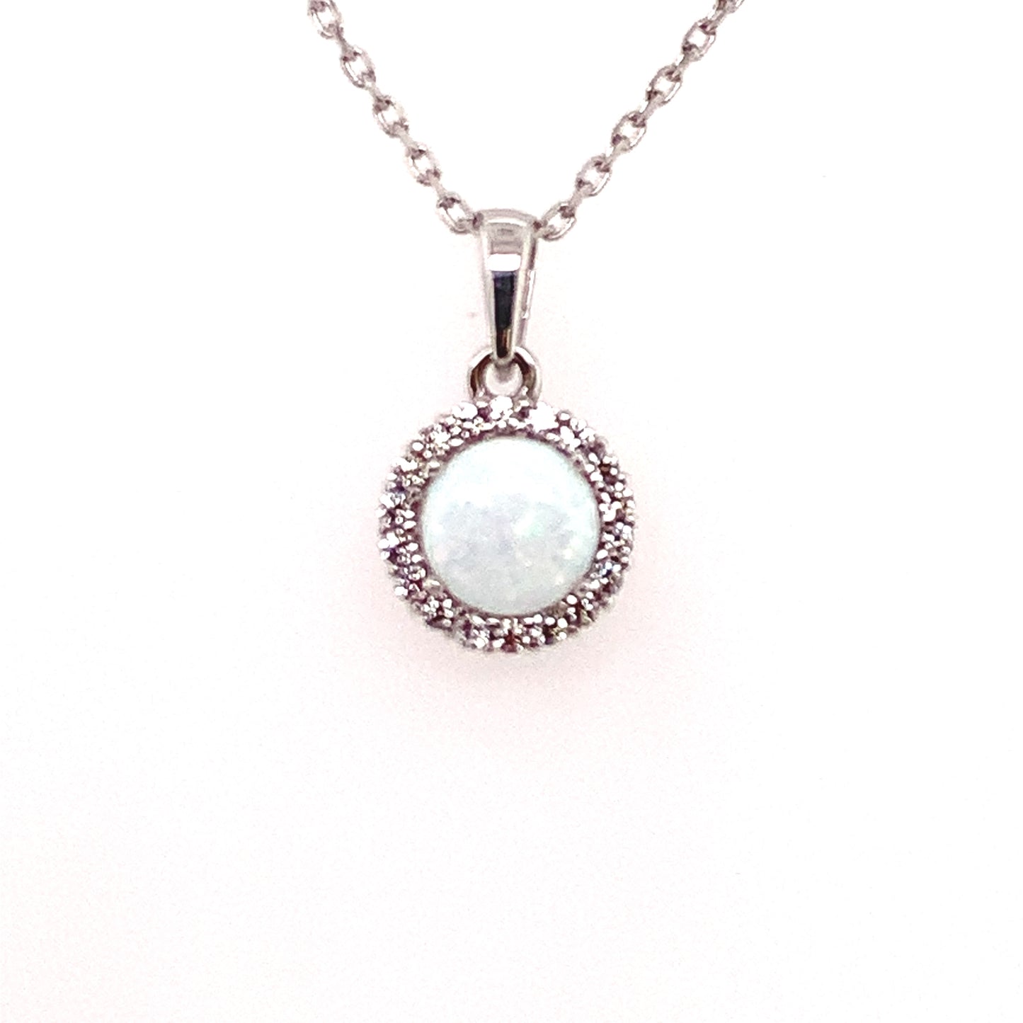 9ct  White Gold Created Opal & CZ Round Halo Pendant GPL55