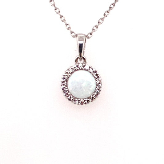 9ct  White Gold Created Opal & CZ Round Halo Pendant GPL55