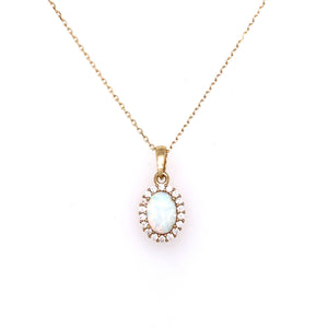 9ct Gold Created Opal & CZ Oval Halo Pendant GPL46