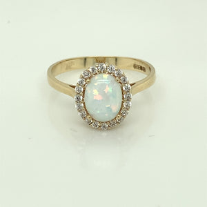 9ct Gold Created Opal & CZ Halo Ring GRL45