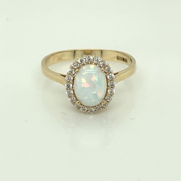 9ct Gold Created Opal & CZ Halo Ring GRL45