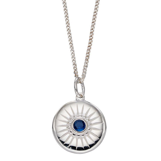 Silver Diamond Cut Sapphire Blue Crystal Disc Pendant