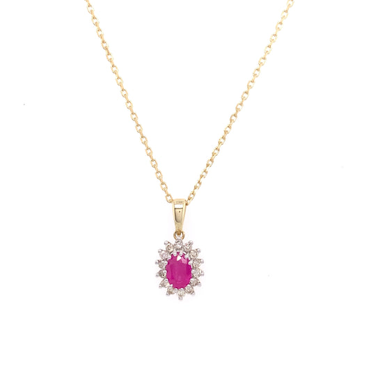 9ct Gold Ruby & Diamond Oval Cluster Pendant