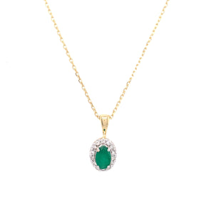9ct Gold Emerald & Diamond Oval Cluster Pendant