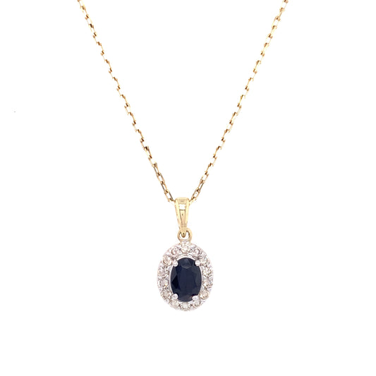 9ct Gold Sapphire & Diamond Oval Cluster Pendant