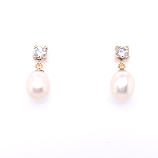 9ct Gold Pearl & CZ Teardrop Earrings