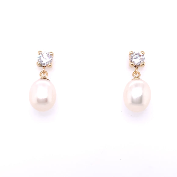 9ct Gold Pearl & CZ Teardrop Earrings