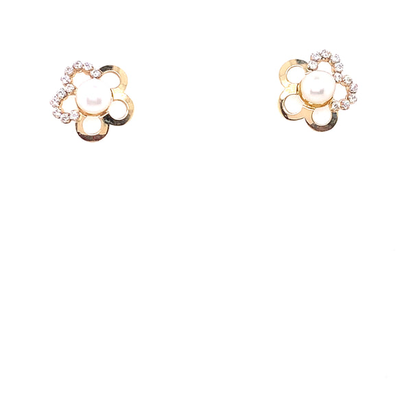 9ct Gold Pearl & CZ Floral Stud Earrings