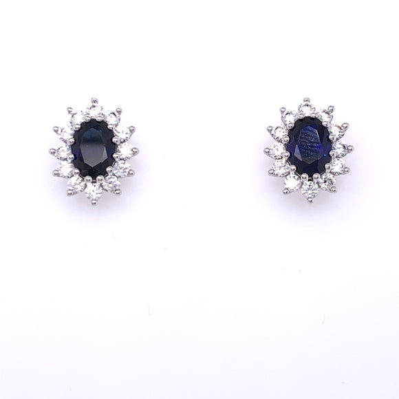 9ct White Gold Created Sapphire CZ Oval Cluster Earrings