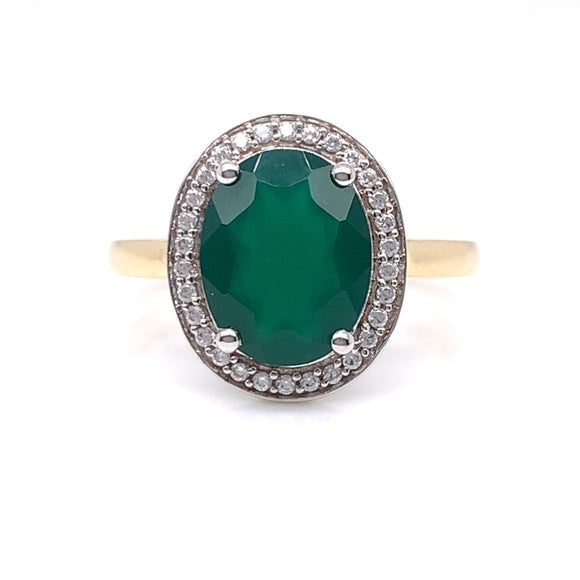 9ct  Gold Green Agate & CZ Vintage Cluster Ring