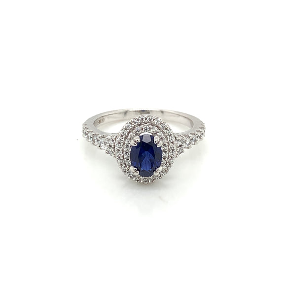 9ct White Gold Created Sapphire CZ Double Halo Ring