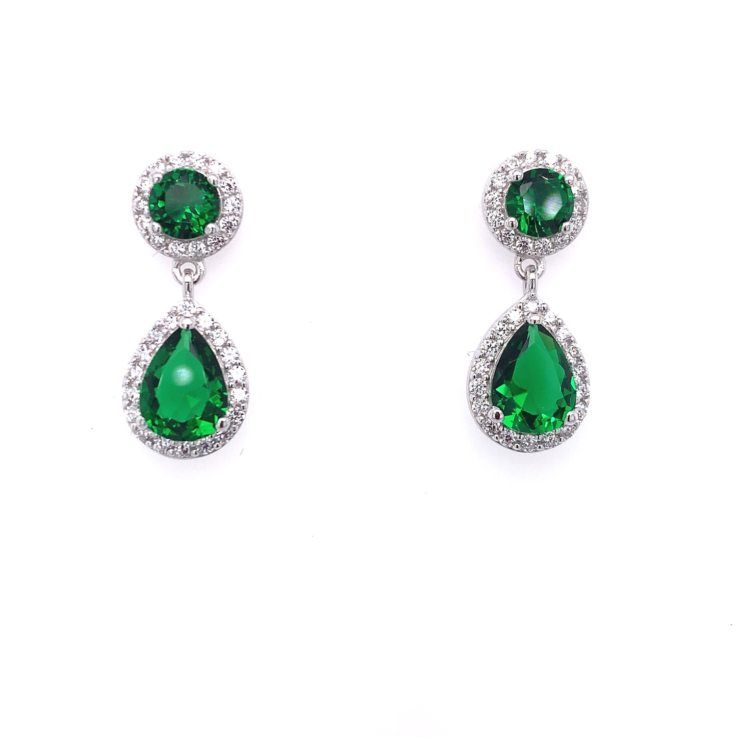 Sterling Silver Emerald CZ Teardrop Halo Earrings CSE303