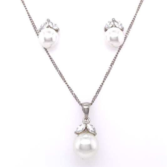 Sterling Silver Drop Pearl & CZ Pendant & Earring Set
