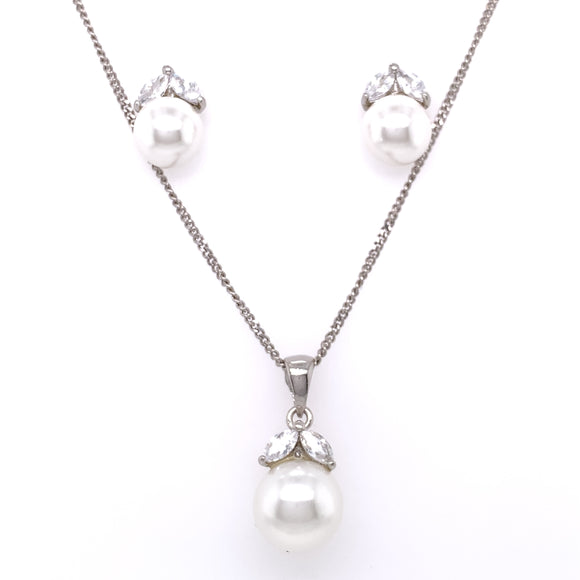 Sterling Silver Drop Pearl & CZ Pendant & Earring Set