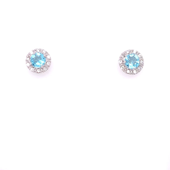9ct White Gold Blue Topaz & CZ Halo Stud Earrings