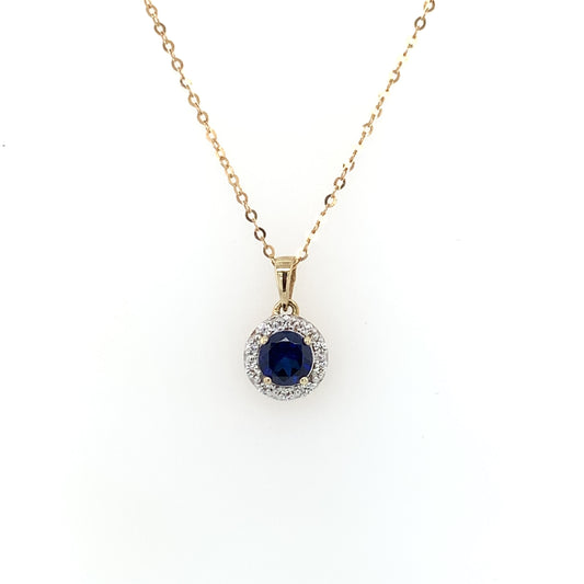 9ct Gold Created Sapphire & CZ Round Halo Pendant