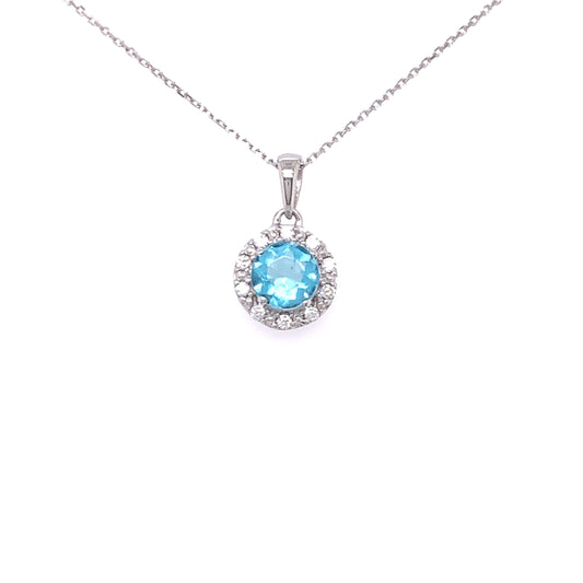 9ct White Gold Blue Topaz & CZ Halo Pendant GPX168