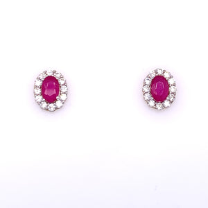 9ct  Gold  Created Ruby & CZ Oval Cluster Earrings