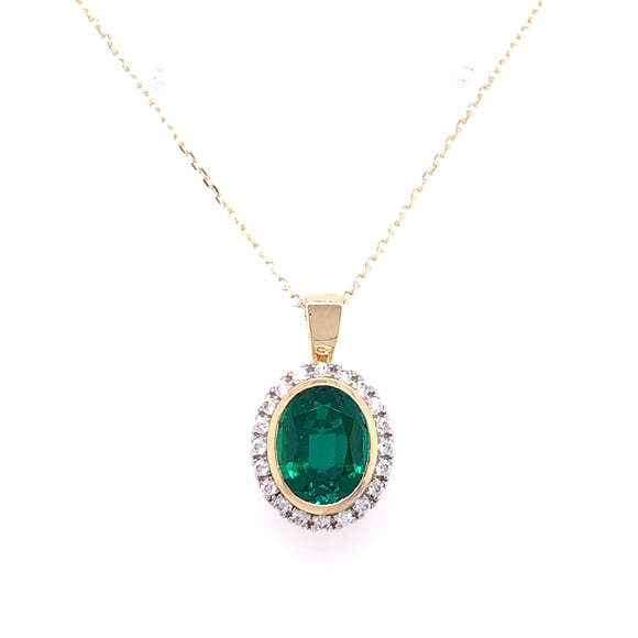 9ct Gold Created Emerald & CZ Pendant