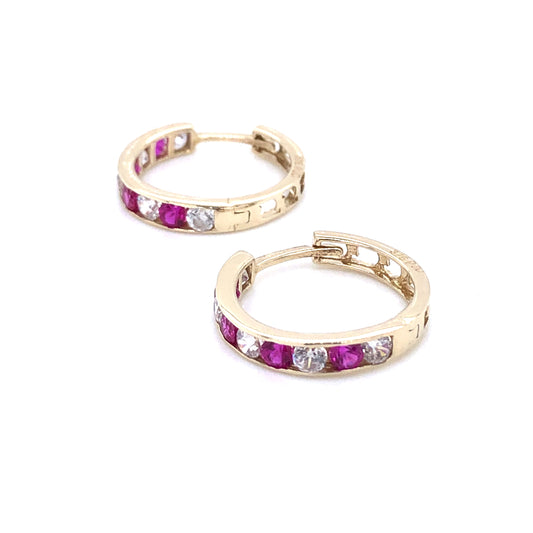 9ct Gold Ruby & CZ Channel Hoop Earrings