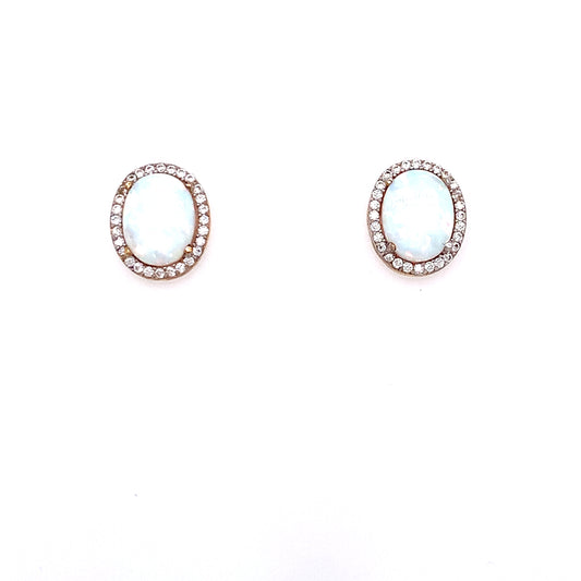 9ct Gold Created Opal & CZ Oval Halo Earrings GEX128