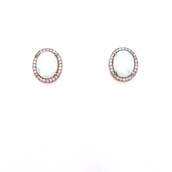 9ct Gold Created Opal & CZ Oval Halo Earrings