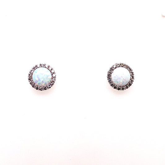 9ct White Gold Created Opal & CZ Halo Earrings GEL10