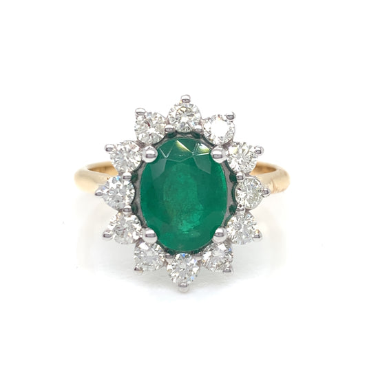 18ct Gold Emerald & Diamond 0.75ct Oval Cluster Ring GRE098