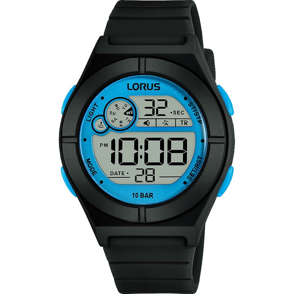 LORUS 100m SWIM SAFE DIGITAL BLACK AND BLUE WATCH R2361NX9