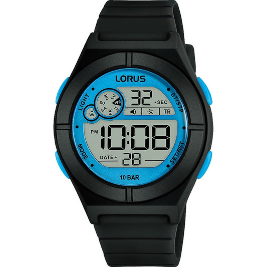 LORUS 100m SWIM SAFE DIGITAL BLACK AND BLUE WATCH R2361NX9