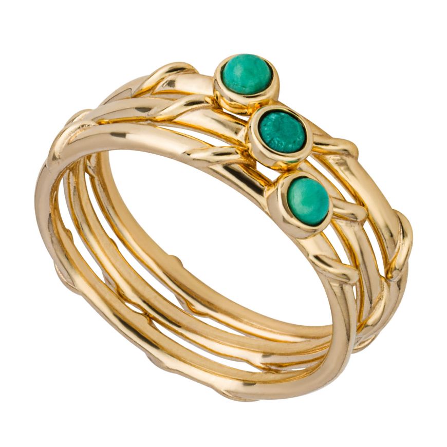 Sterling Silver Gold Plated Green Magnesite Triple Ring R3843G