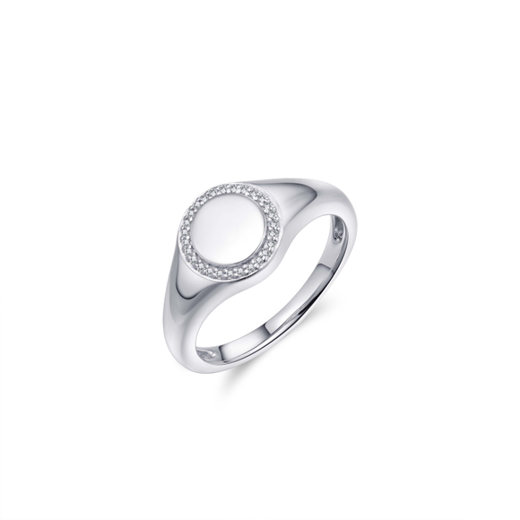Sterling Silver Round CZ Border Signet Ring