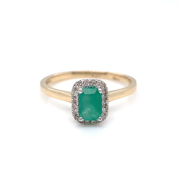 9ct Gold Emerald & Diamond Rectangular Ring