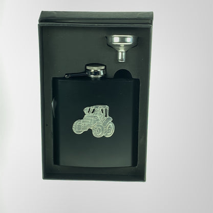 Black Tractor Badge Hip Flask Set