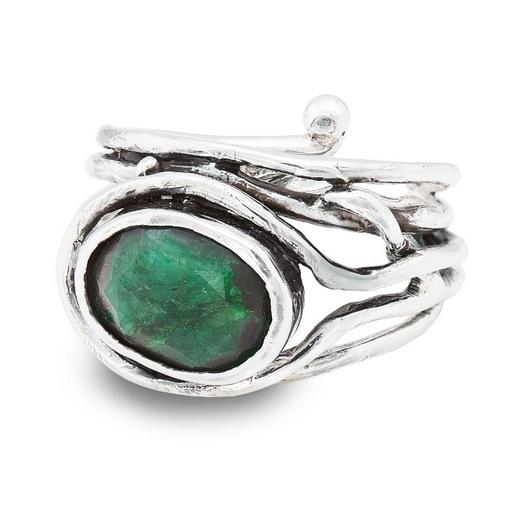 Gallardo & Blaine Sterling Silver Fossil Ring with Rough Emerald
