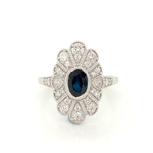 9ct White Gold Vintage Style Sapphire & Diamond Ring GRS216