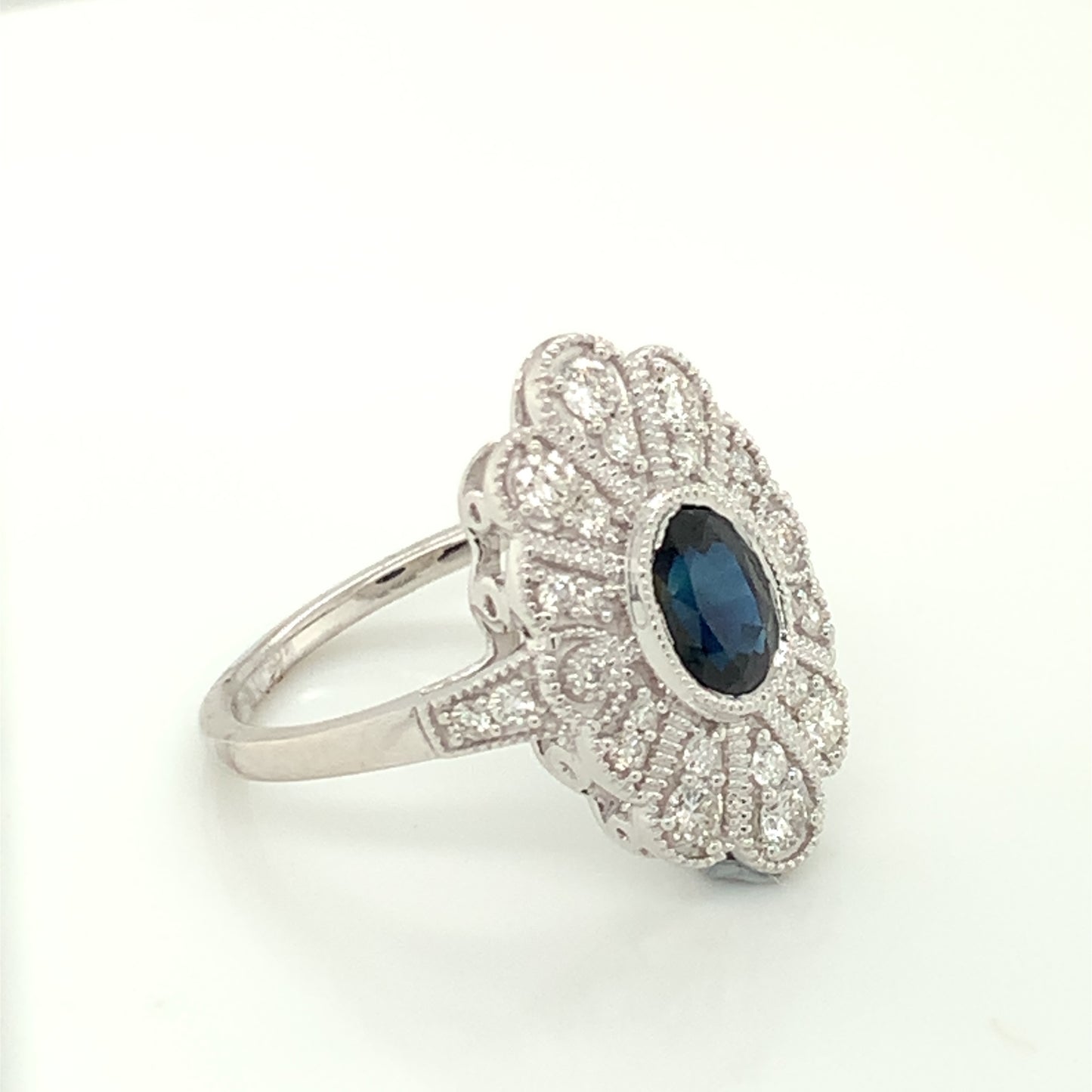 9ct White Gold Vintage Style Sapphire & Diamond Ring