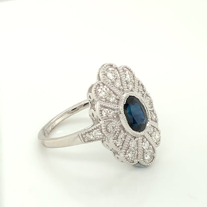 9ct White Gold Vintage Style Sapphire & Diamond Ring GRS216