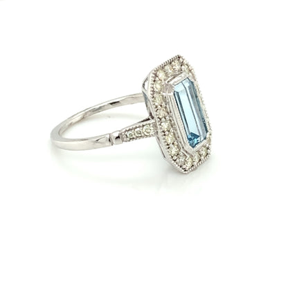 9ct White Gold Vintage Style Blue Topaz & Diamond Ring WRX072