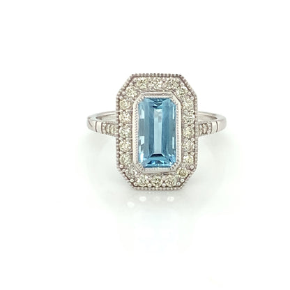 9ct White Gold Vintage Style Blue Topaz & Diamond Ring WRX072